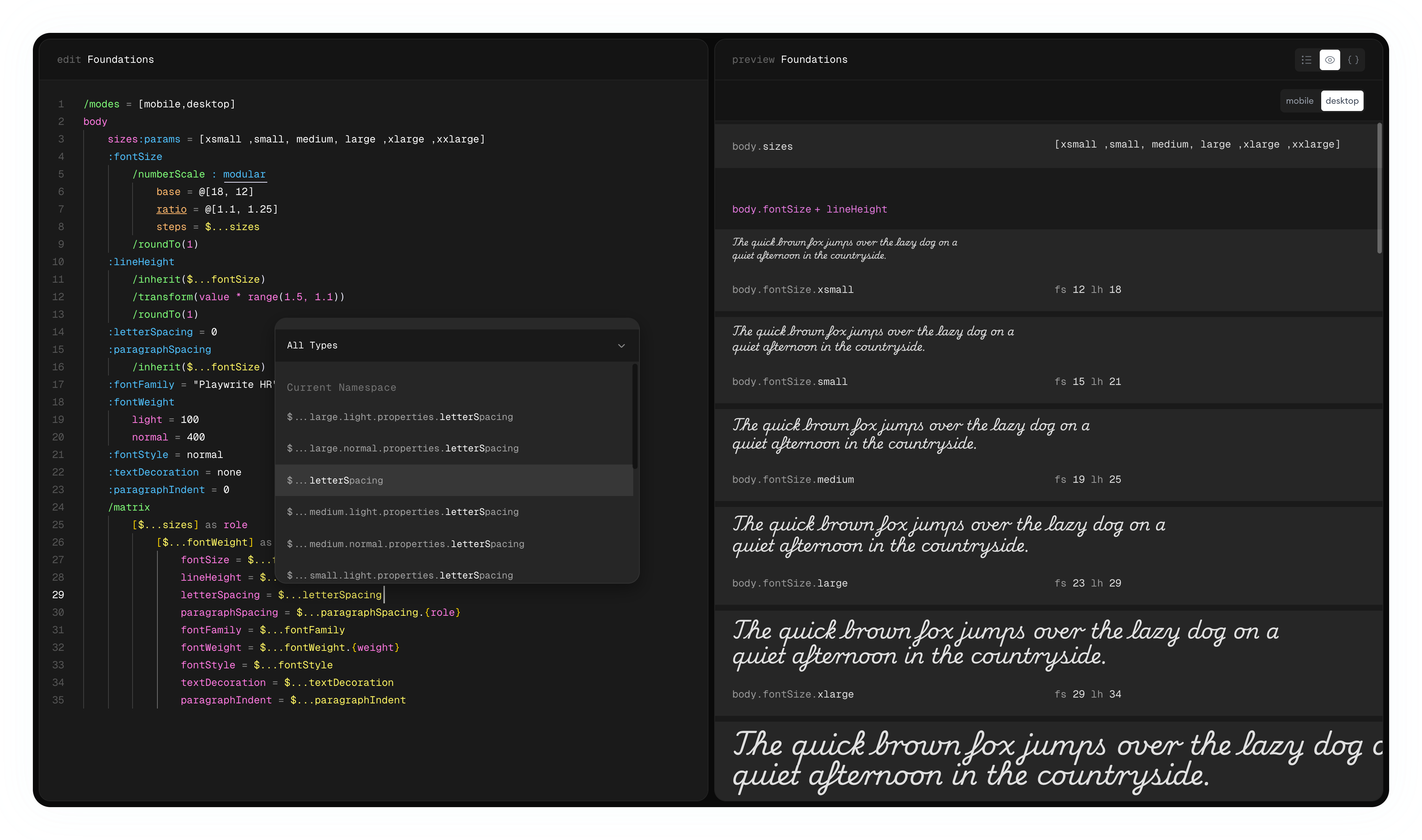 Visual preview of typography token references with live rendering